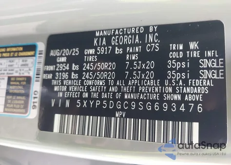 2025 Kia Telluride Sx X-Line z USA, uszkodzony, nr VIN 5XYP5DGC9SG693476